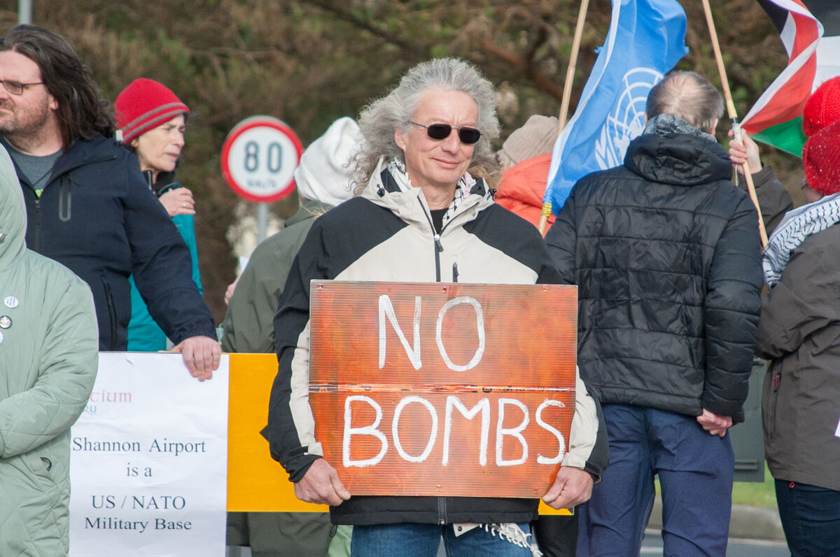 Protesters outside Shannon Airport as part of the Global Day of Action Against Military Bases. Credit: Karlis Dzjamko